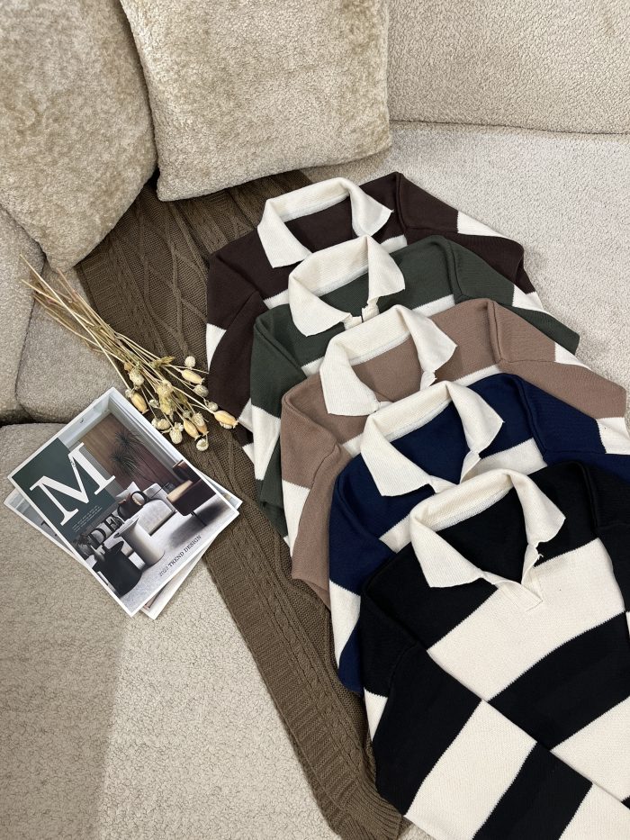 Striped Knit Polo Shirt (10) پلوشرت زنانه بافت راه راه