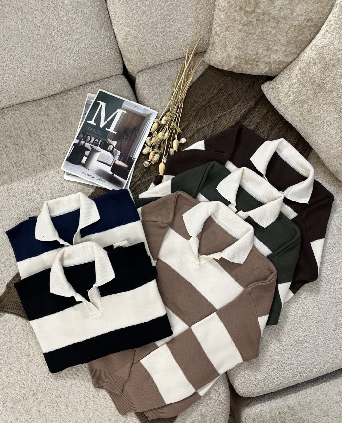 Striped Knit Polo Shirt (11) پلوشرت زنانه بافت راه راه