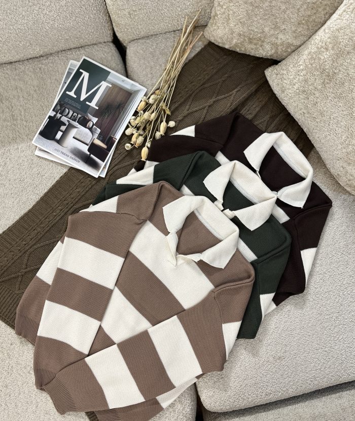 Striped Knit Polo Shirt (14) پلوشرت زنانه بافت راه راه