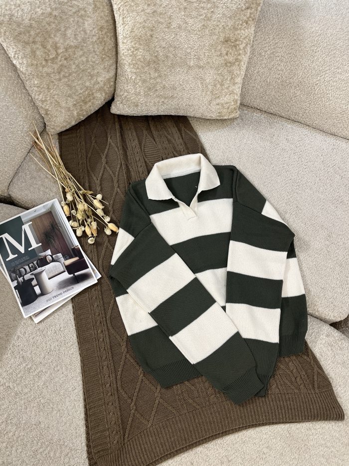 Striped Knit Polo Shirt (2) پلوشرت زنانه بافت راه راه