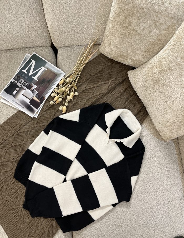 Striped Knit Polo Shirt (5) پلوشرت زنانه بافت راه راه