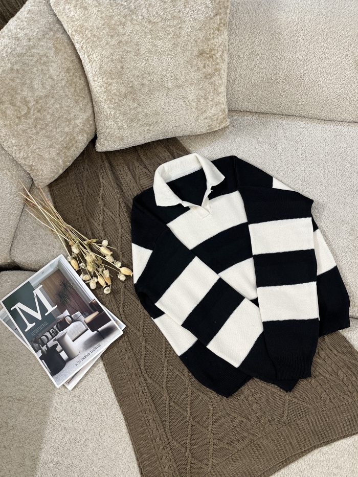 Striped Knit Polo Shirt (7) پلوشرت زنانه بافت راه راه