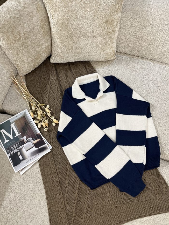 Striped Knit Polo Shirt (8) پلوشرت زنانه بافت راه راه